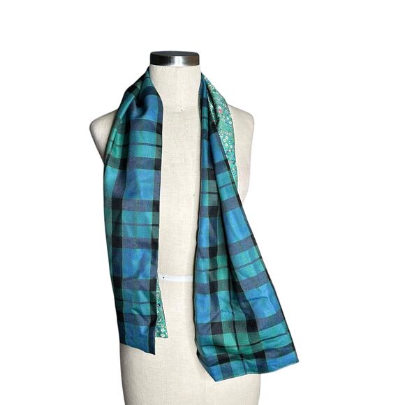 LOULLY MAKES DESIGNS Plaid Floral Wool Cotton Reversible Scarf Blue Green - Picture 2 of 6